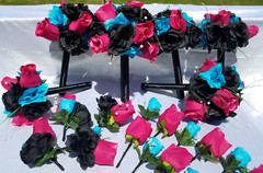 Wedding Bouquet Set – Black, Bright Pink, Turquoise Rose Flowers – 26 pieces