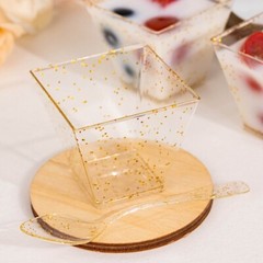 24 CLEAR 2 oz GOLD Glittered Square Plastic Dessert CUPS Spoons Set Party Events