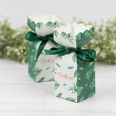 25 WHITE GREEN Leaves Print Gift Favor Boxes with Satin Ribbon Party Events