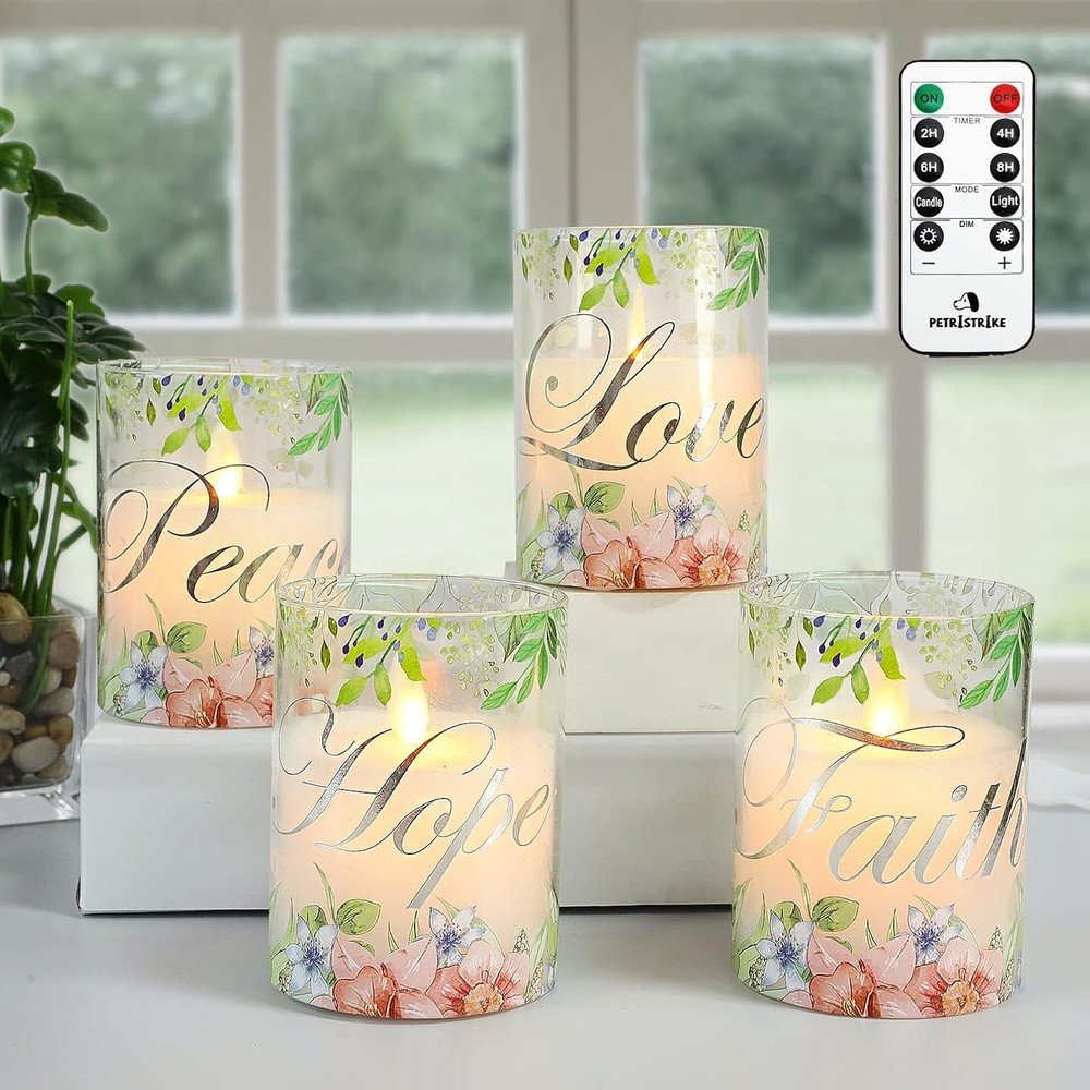 Pink Flameless Pillar Candles, Glass Led Candles Battery Floral & Terms