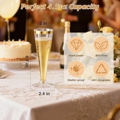 20 Pack Champagne Flutes Plastic Wine Glasses Disposable, 4.5 20 Count Gold Rim