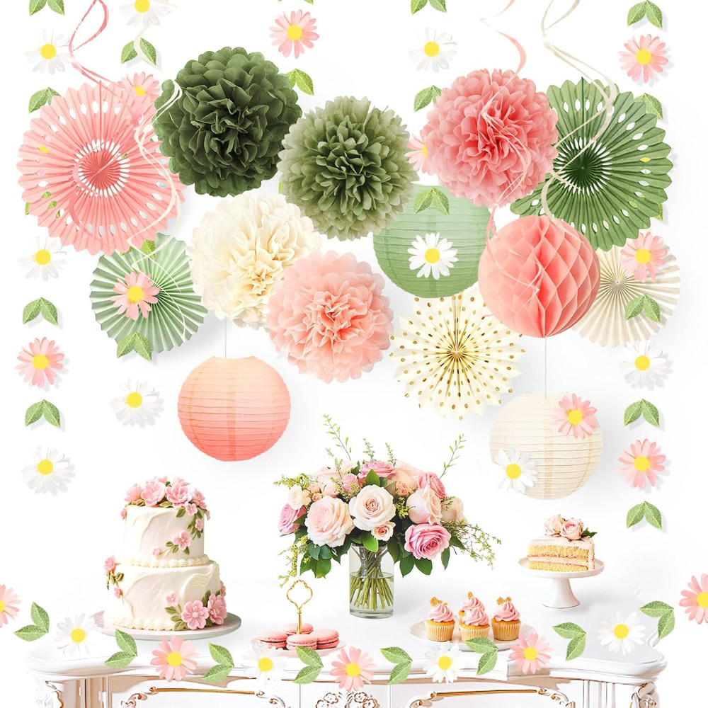 NICROHOME EUR Wedding Decorations, 20 PCS Sage Green and Pink Tissue Pom Poms Pa
