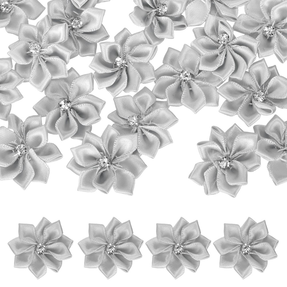 100 Pcs Ribbon Flowers, 1.2 in Fabric Flowers with Rhinestones, Light Gray
