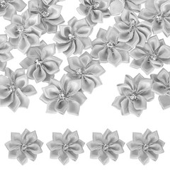 100 Pcs Ribbon Flowers, 1.2 in Fabric Flowers with Rhinestones, Light Gray