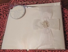 NIB VICTORIA LYNN WHITE GUEST BOOK & PEN SET ORGANZA BOW CROSS SHAPED BEAUTIFUL!