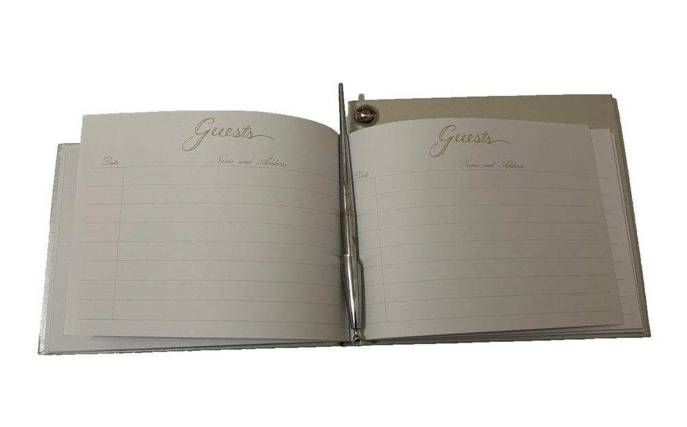 Wedding Guest Book Register Pearl White Silver Pen Set