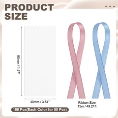 100Pack Blank Place Card with Pink & Blue Ribbon, 3.54 x 1.57 Inch, White
