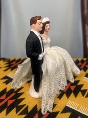 Vintage 1950s Wedding Cake Topper Ceramic Fabric Small Pretty Classic Brunette