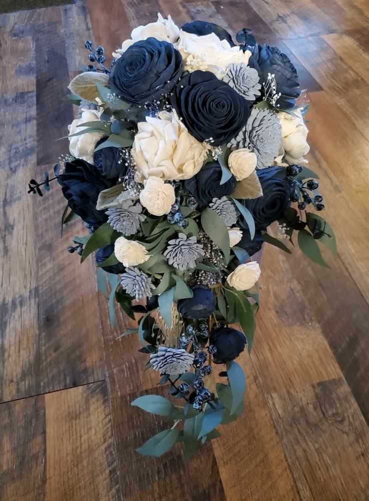 Dusty Blue Navy White Bridal Cascading Bouquet Bride Sola Wood Wedding Flowers