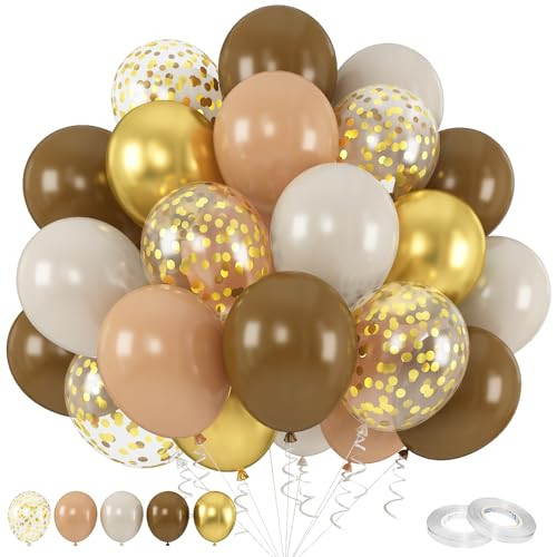 Brown and Gold Balloons – 60PCS 12 Inch Set with Metallic Gold Confetti, Latex