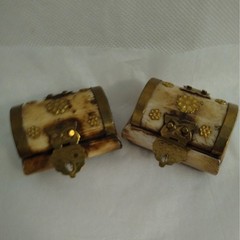 Vintage Wedding Ring Box Pair Carved Bovine Ox Bone Brass Trinket Chest Set 2pc