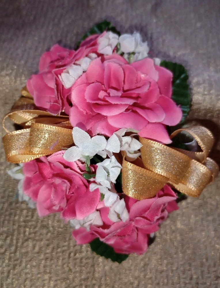 NEW 4″ Long Artificial Hot Pink Rose Wrist Corsage With Sparkly Gold Bow