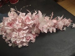 1970s Vintage Silk Wedding Bouquet, 18″ Satin Leaves, Roses, Stephanotis, Pearls