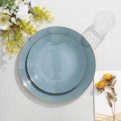 DUSTY BLUE 10 Glossy 8″ Round Plastic Salad PLATES Gold Rim Party Events