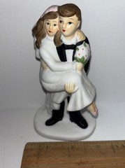 Bride & Groom Ceramic Wedding Cake Topper 5” Carrying Threshold Vintage