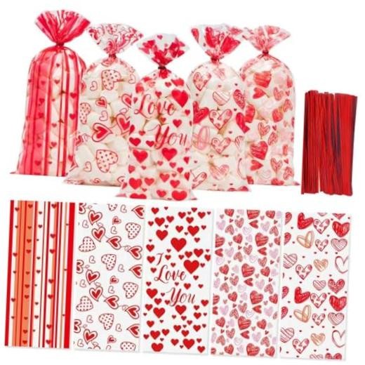 100 Pcs Valentine Treat Bags – Red Heart Cellophane Goodie Bags, Valentines
