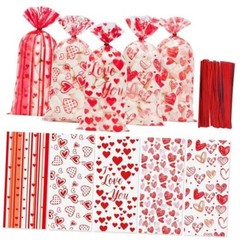 100 Pcs Valentine Treat Bags – Red Heart Cellophane Goodie Bags, Valentines