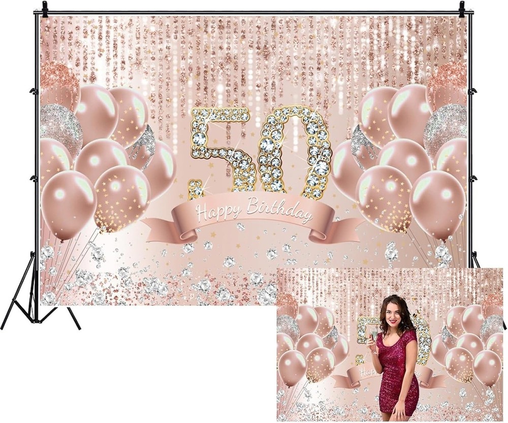 Renaiss Rose Gold 50th Birthday Backdrop for Women Fabric 7x5ft Rose Gold Dia…