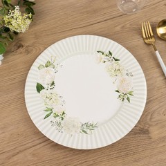 25 White Sage Green Dinner Paper Plates with Floral Lined Rim Decorations