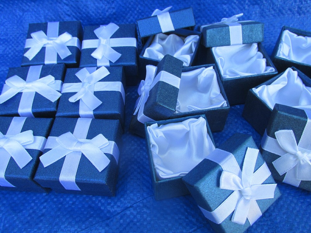 48 Blue Quality Satin Lined Gift Jewelry Boxes With White Ribbons 2″x2″x1 1/2″