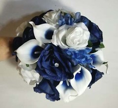 Navy Blue White Rose Calla Lily Bridal Wedding Bouquet Accessories