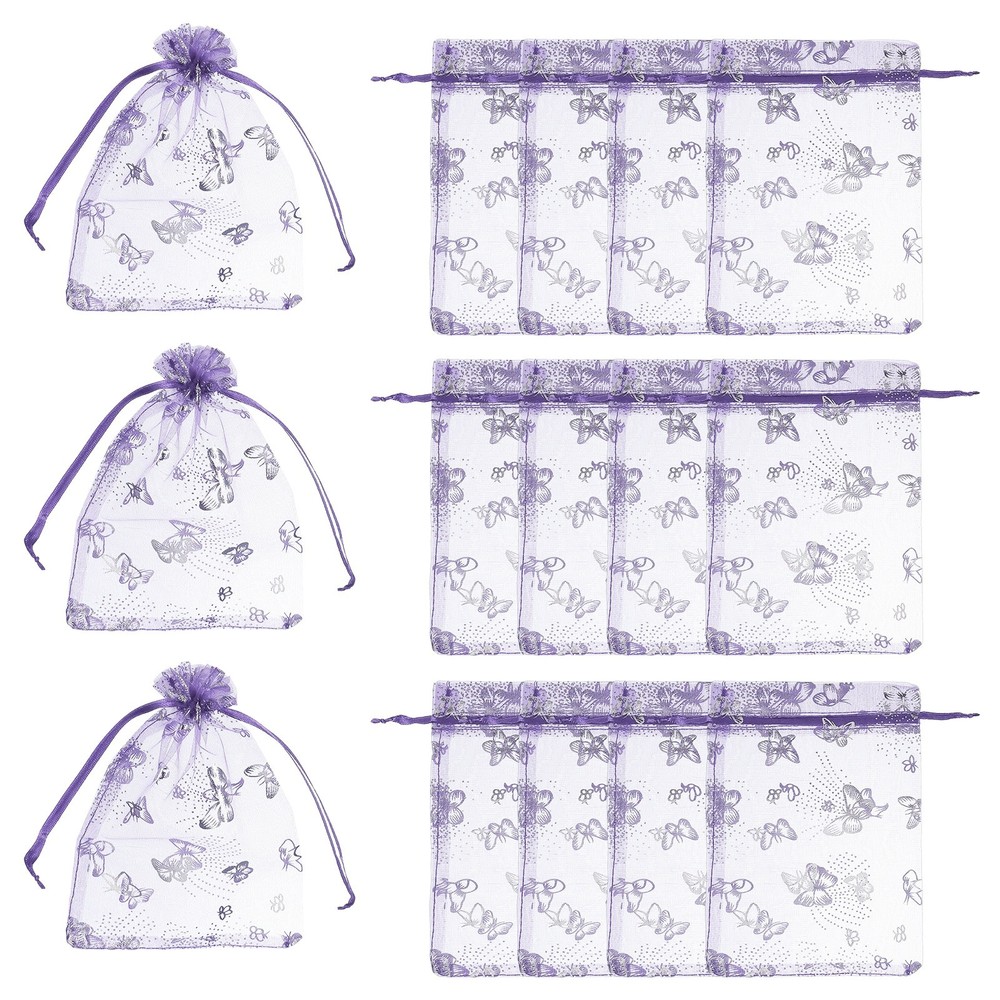 Organza Bag, 100 Pcs 5.1 x 7 Inch Butterfly Mesh Pouch, Light Purple Silver