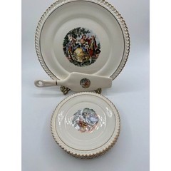 Harker Pottery Co Colonial Scene Cake Plate Server 7 plates USA 1952 22kt gold