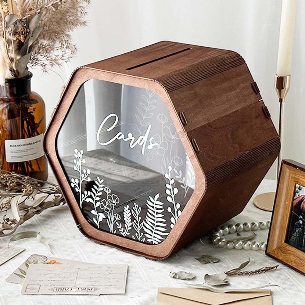 Hexagon Brown Wooden Wedding Card Box Envelope Money Floral Print Rustic Decor