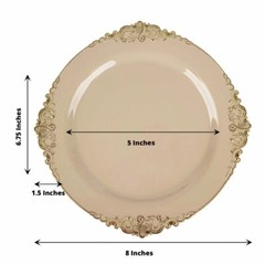 10 TAUPE GOLD 8″ Round Plastic Salad Dinner PLATES Embossed Baroque Rim Party