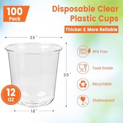 100 Round Bottom Plastic Cups 12 oz Disposable Stemless Wine Glasses