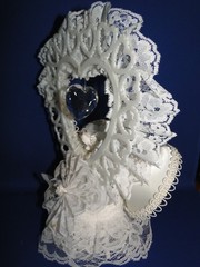 New Vintage Double White Satin Bells Cake topper with elegant Lace #423