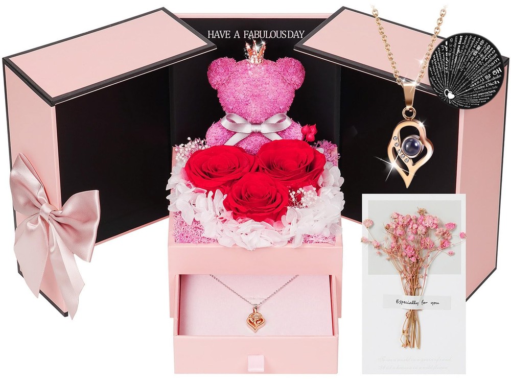 Preserved Eternal Rose With «I Love You» in 100 Languages Necklace