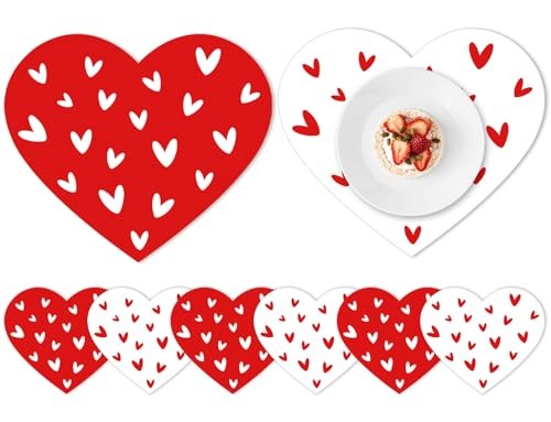 6 Pcs Valentine’s Day Heart Plastic Placemats Red White Love Heart Shape Table