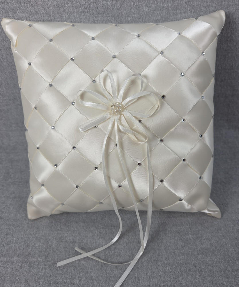 Ivory Satin Crystal Beaded Gems Wedding Ring Bearer Pillow Faux Pearl Accent