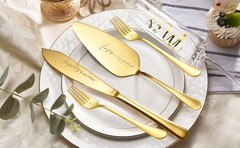 Elegant Gold Wedding Cake Knife & Server Set with Mr & Mrs Champagne Flutes