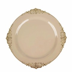 10 TAUPE GOLD 8″ Round Plastic Salad Dinner PLATES Embossed Baroque Rim Party