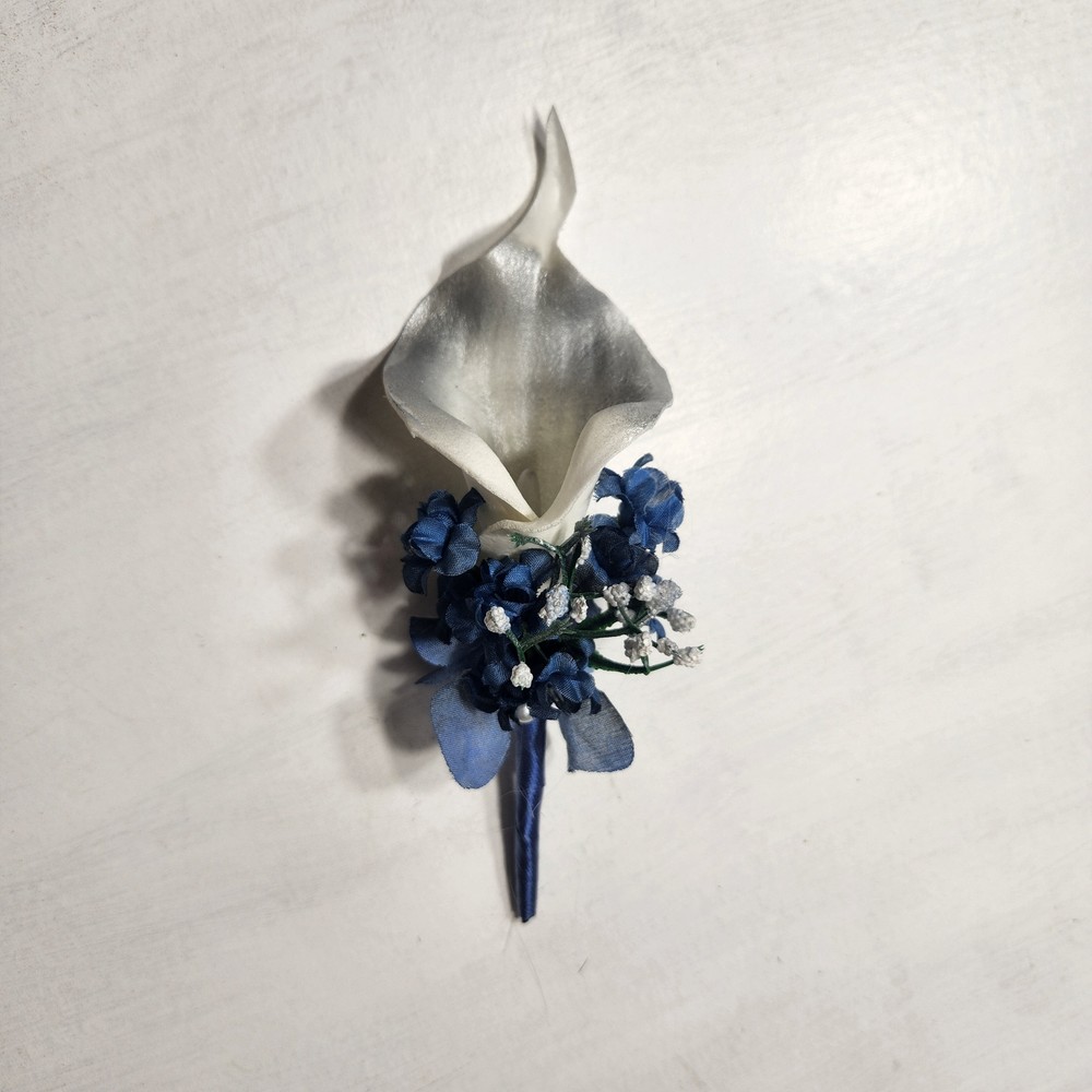 Navy Blue Grey White Rose Calla Lily Bridal Wedding Bouquet Accessories