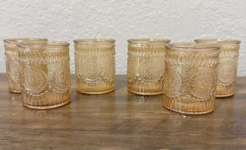 6 Piece Amber Gold Glass Primrose Votive Candle Holders 2.5”H x 2”W