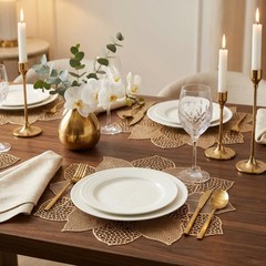 Gold Round Placemats for Dining Table Set of 6 Pressed 6Pcs, A5/Hibiscus/Gold