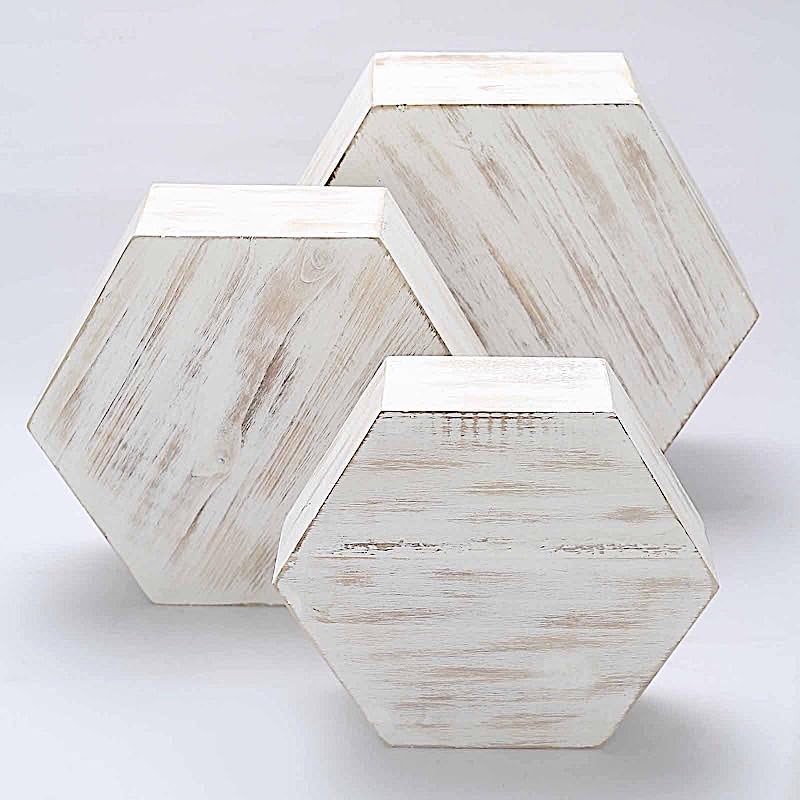 3 Whitewashed Wooden Cake Stand Hexagonal Dessert Display Boxes 13″, White