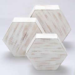 3 Whitewashed Wooden Cake Stand Hexagonal Dessert Display Boxes 13″, White