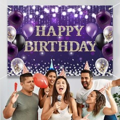 Large Happy Birthday Backdrop Banner Purple Theme Decor With Shiny Diamond No…
