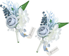 Set of 2 Dusty Blue Wedding Boutonniere for Men Artificial Flowers