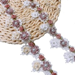 1 Yard Baroque Lace Flowers Pearls Ribbons, Vintage Rose Pearl