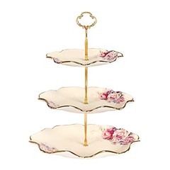 3-Tier Floral Royal Cupcake Stand, Vintage Fruit Plate with Gold Trim,