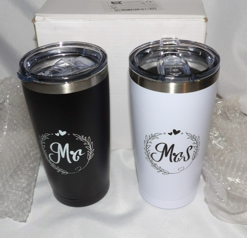 NEW in Box MR & MRS Black White WEDDING Insulated 7″ Stainless Steel TUMBLERS