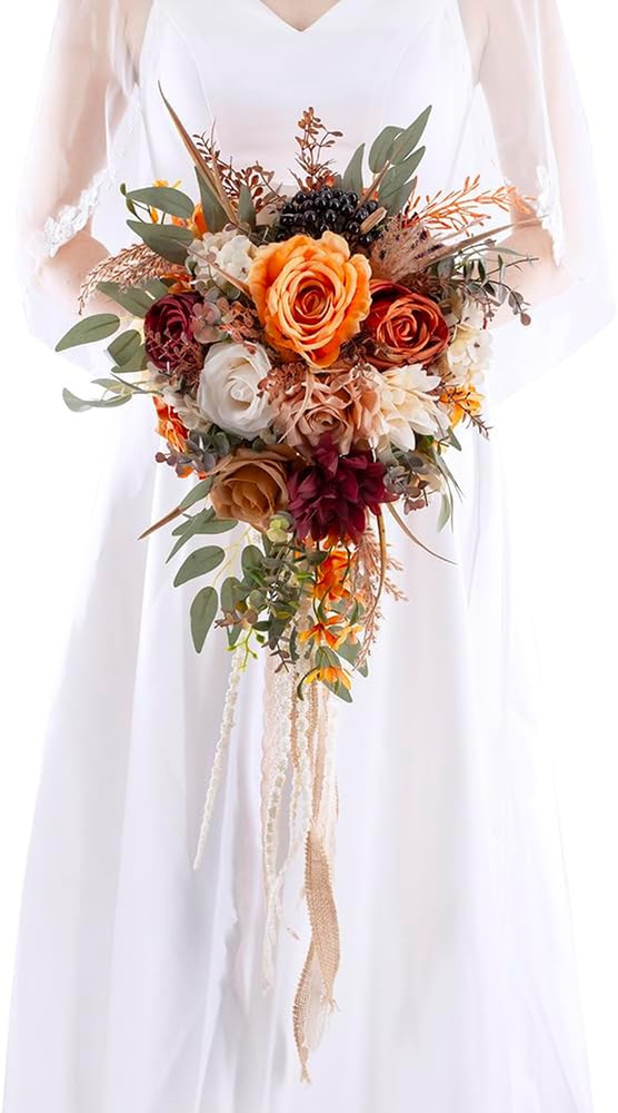 12″ Burnt Orange Cascade Bridal Bouquet – Silk Wedding Flowers