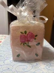 Pink Roses Square Candle Gift Wrapped With White Ribbon Rare Unscented New