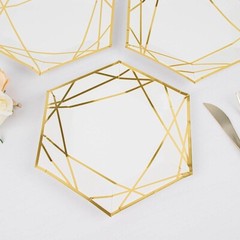 25 White 9″ Hexagon Paper Salad Dinner Plates Gold Trim Tableware