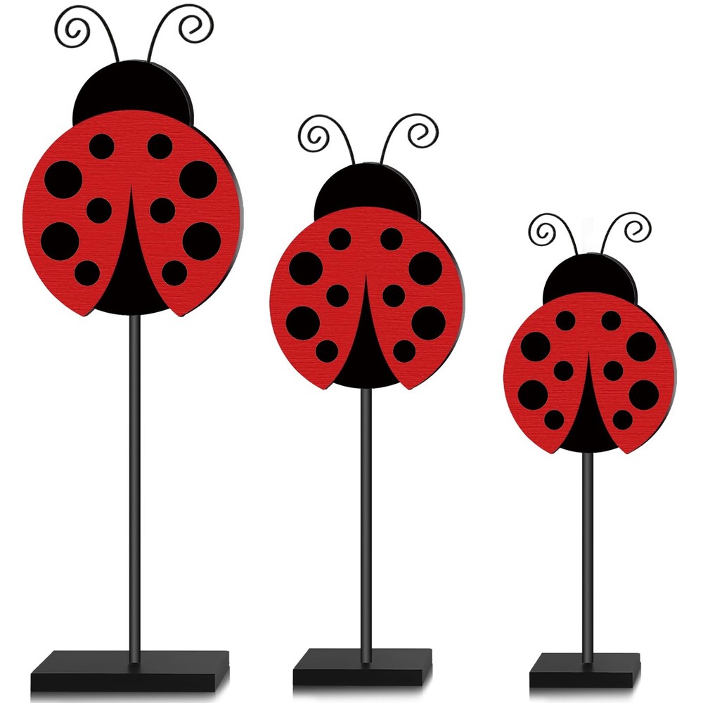 Menkxi 3 Pcs Ladybug Decor Set Table Spring Wooden Tabletop Brown